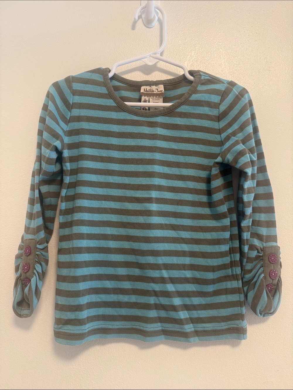 Matilda Jane Teal & Gray Striped Long Sleeve Tee with Button Cuffs